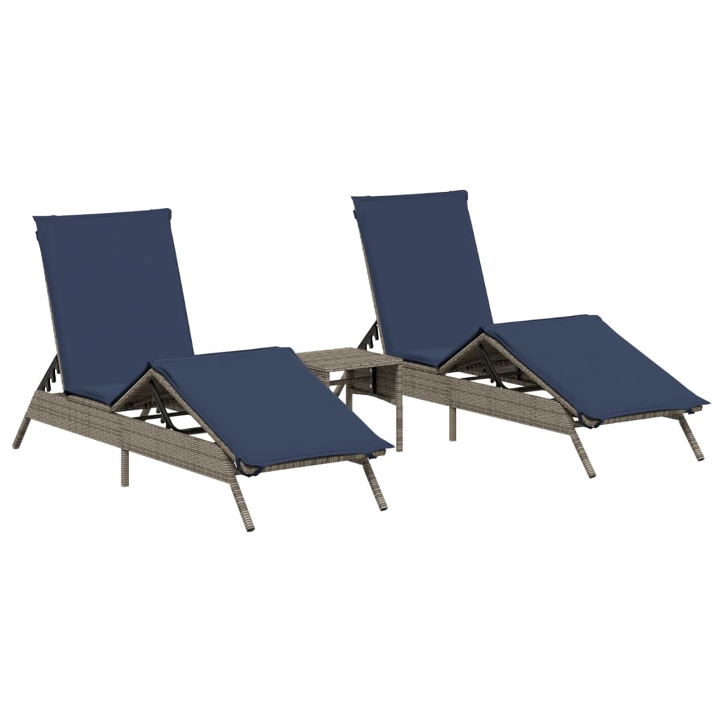 Sun Loungers 2 pcs with Table Gray Poly Rattan