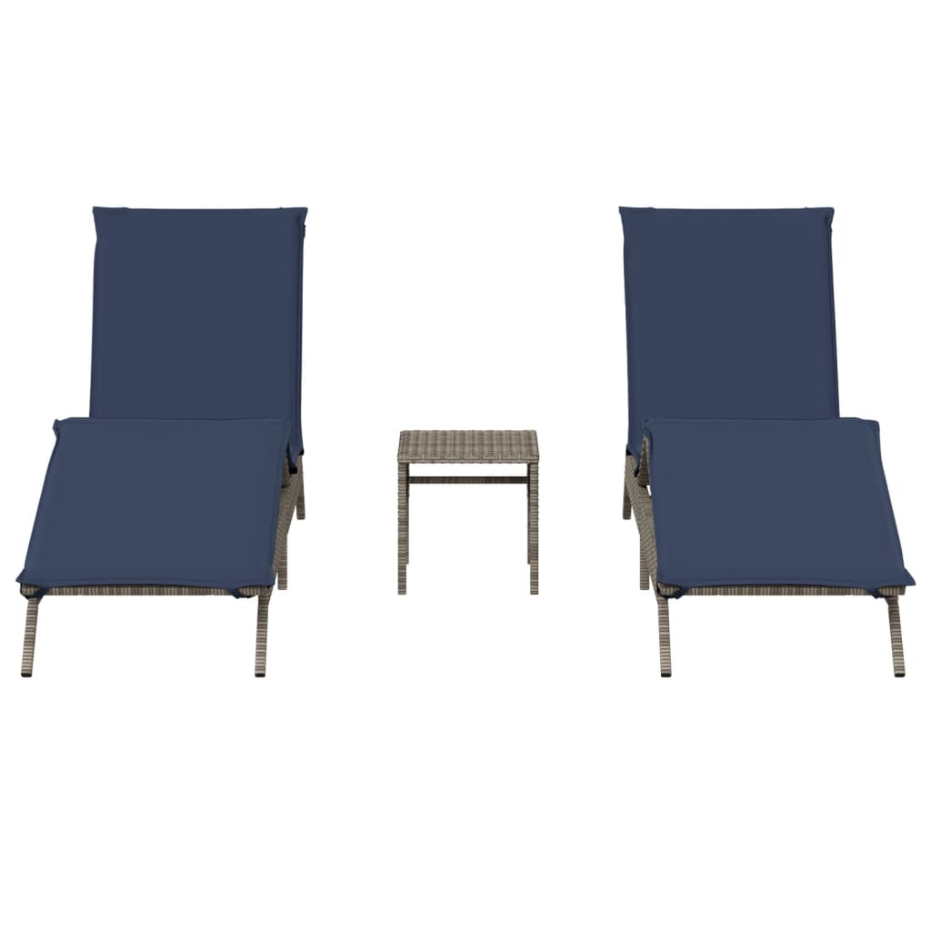 Sun Loungers 2 pcs with Table Gray Poly Rattan