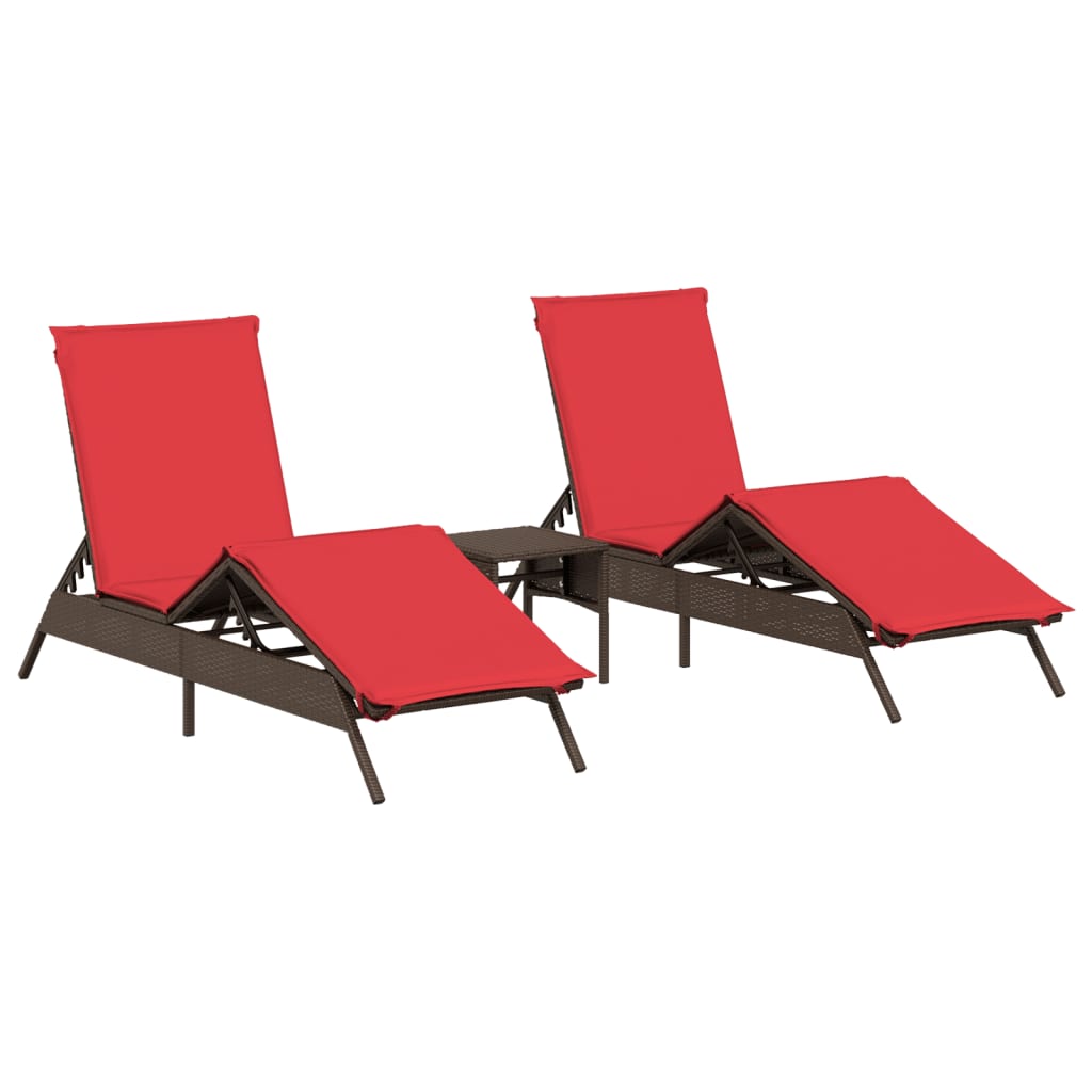 Sun Loungers 2 pcs with Table Brown Poly Rattan
