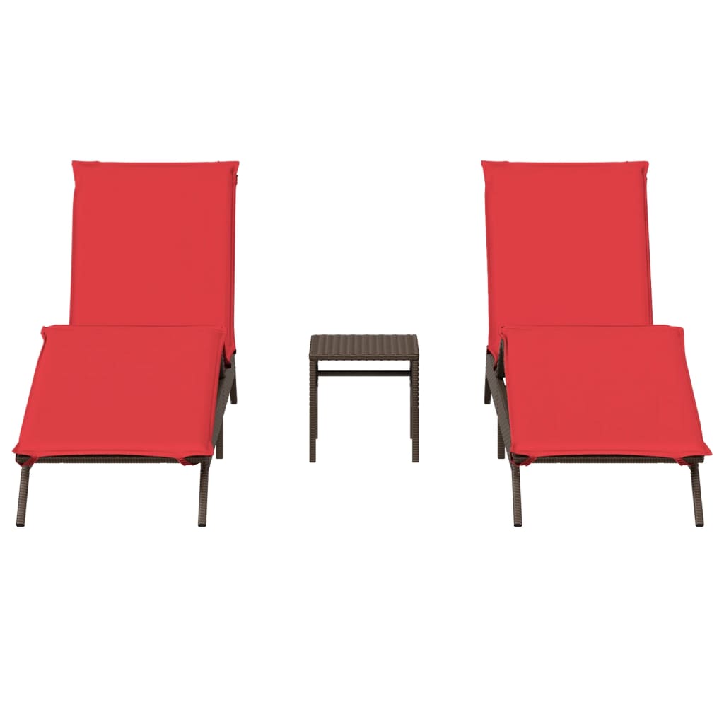 Sun Loungers 2 pcs with Table Brown Poly Rattan