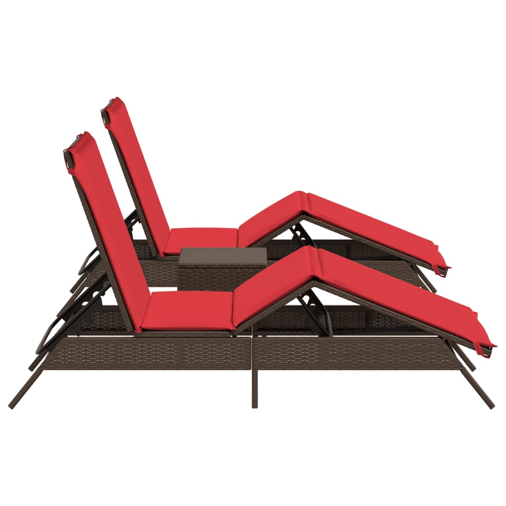 Sun Loungers 2 pcs with Table Brown Poly Rattan