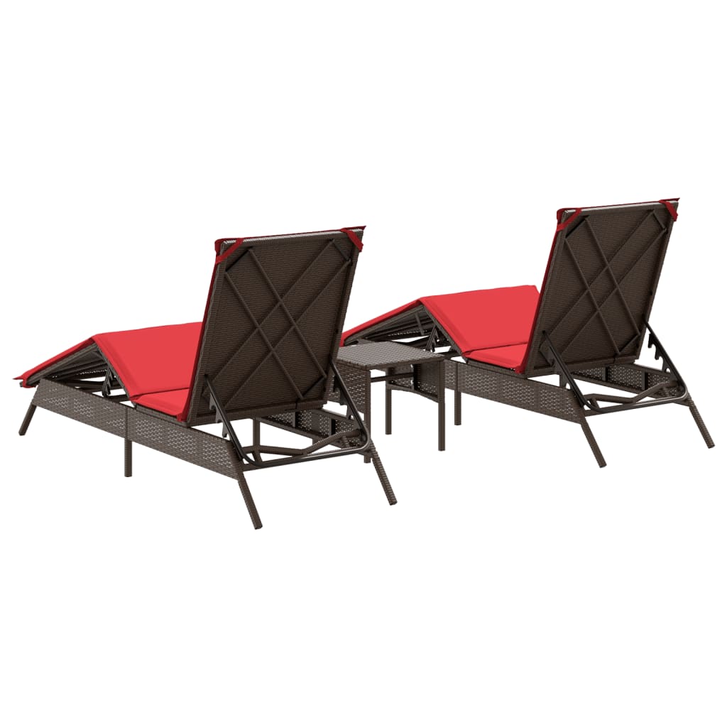 Sun Loungers 2 pcs with Table Brown Poly Rattan