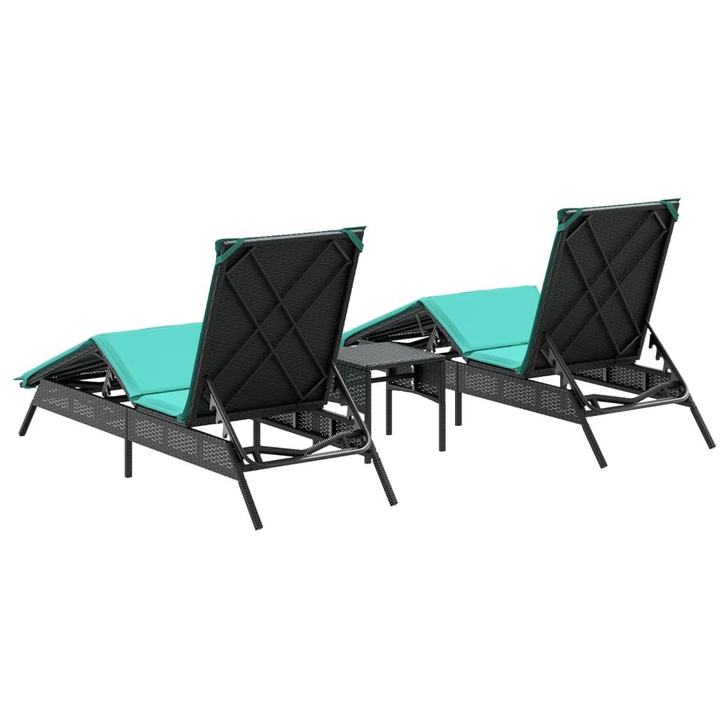 Sun Loungers 2 pcs with Table Black Poly Rattan