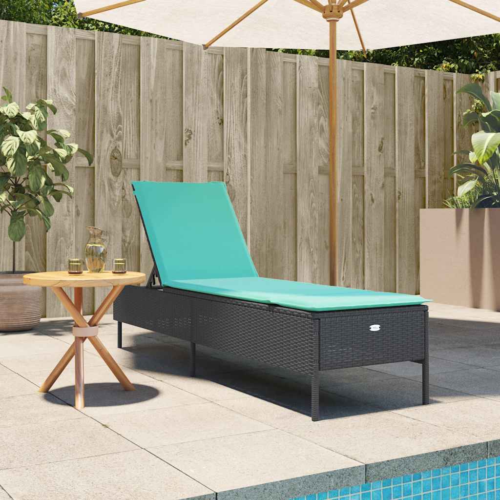 Sun Lounger with Cushion Black Poly Rattan
