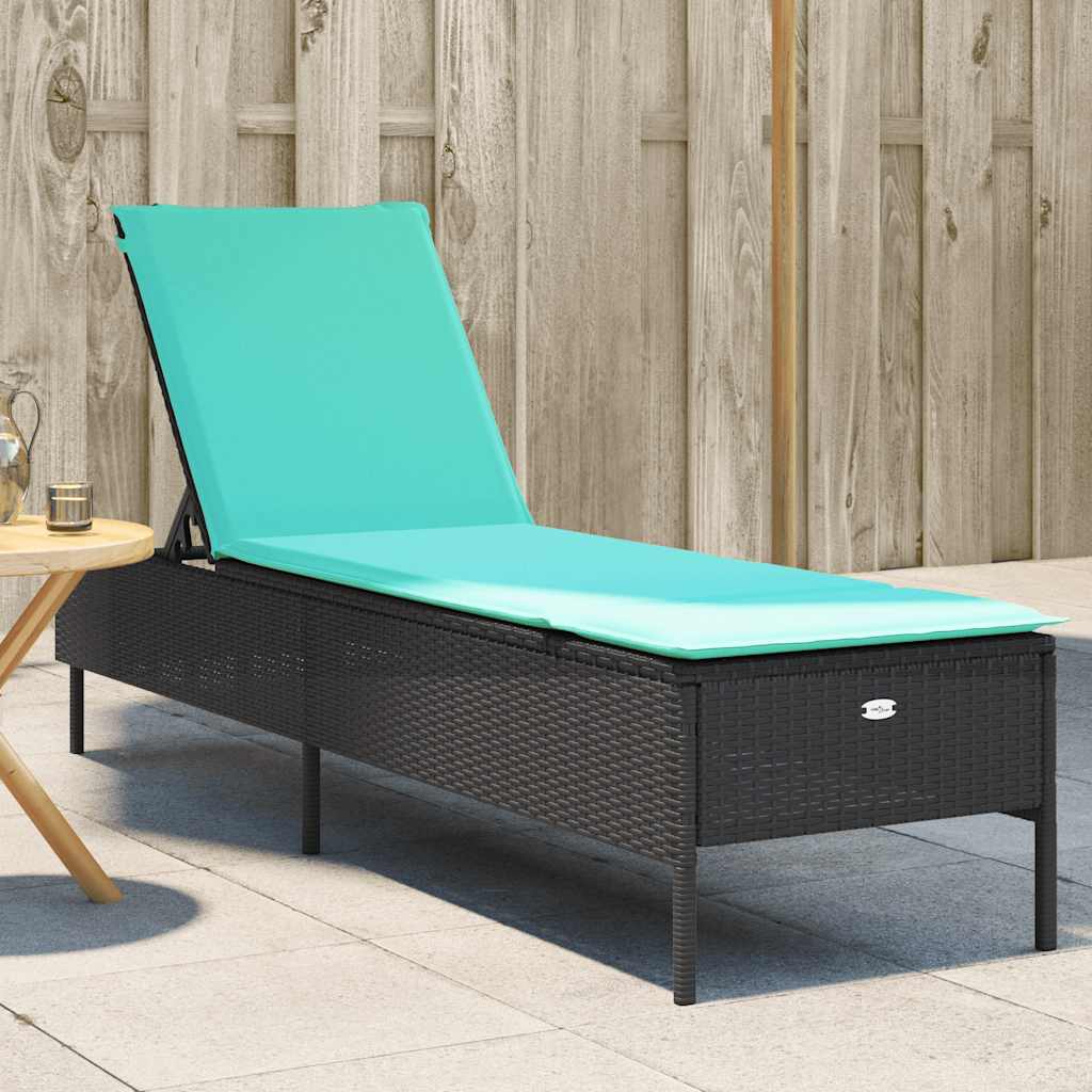 Sun Lounger with Cushion Black Poly Rattan