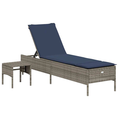 Sun Lounger with Table and Cushion Grey Poly Rattan