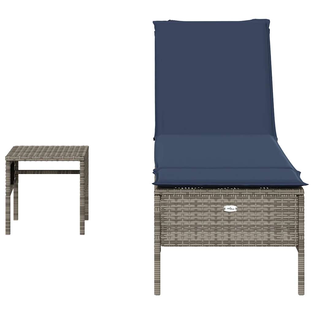 Sun Lounger with Table and Cushion Grey Poly Rattan