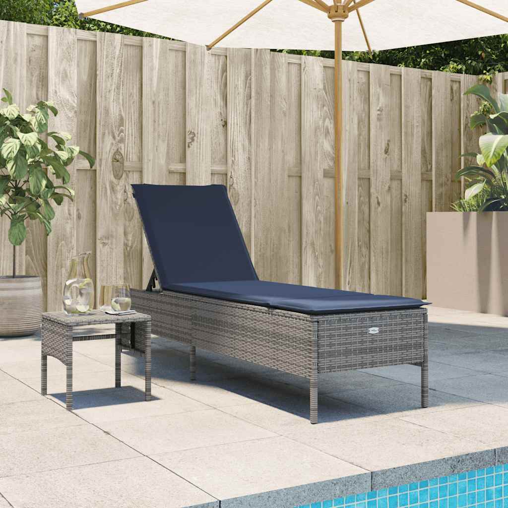 Sun Lounger with Table and Cushion Grey Poly Rattan