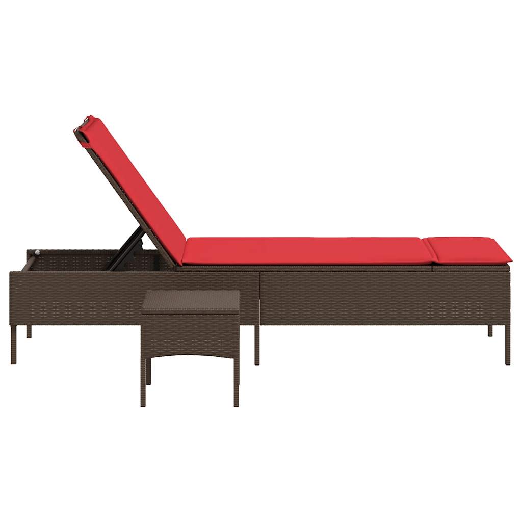 Sun Lounger with Table and Cushion Brown Poly Rattan