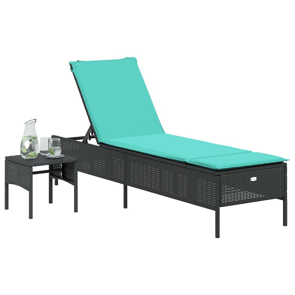 Sun Lounger with Table and Cushion Black Poly Rattan