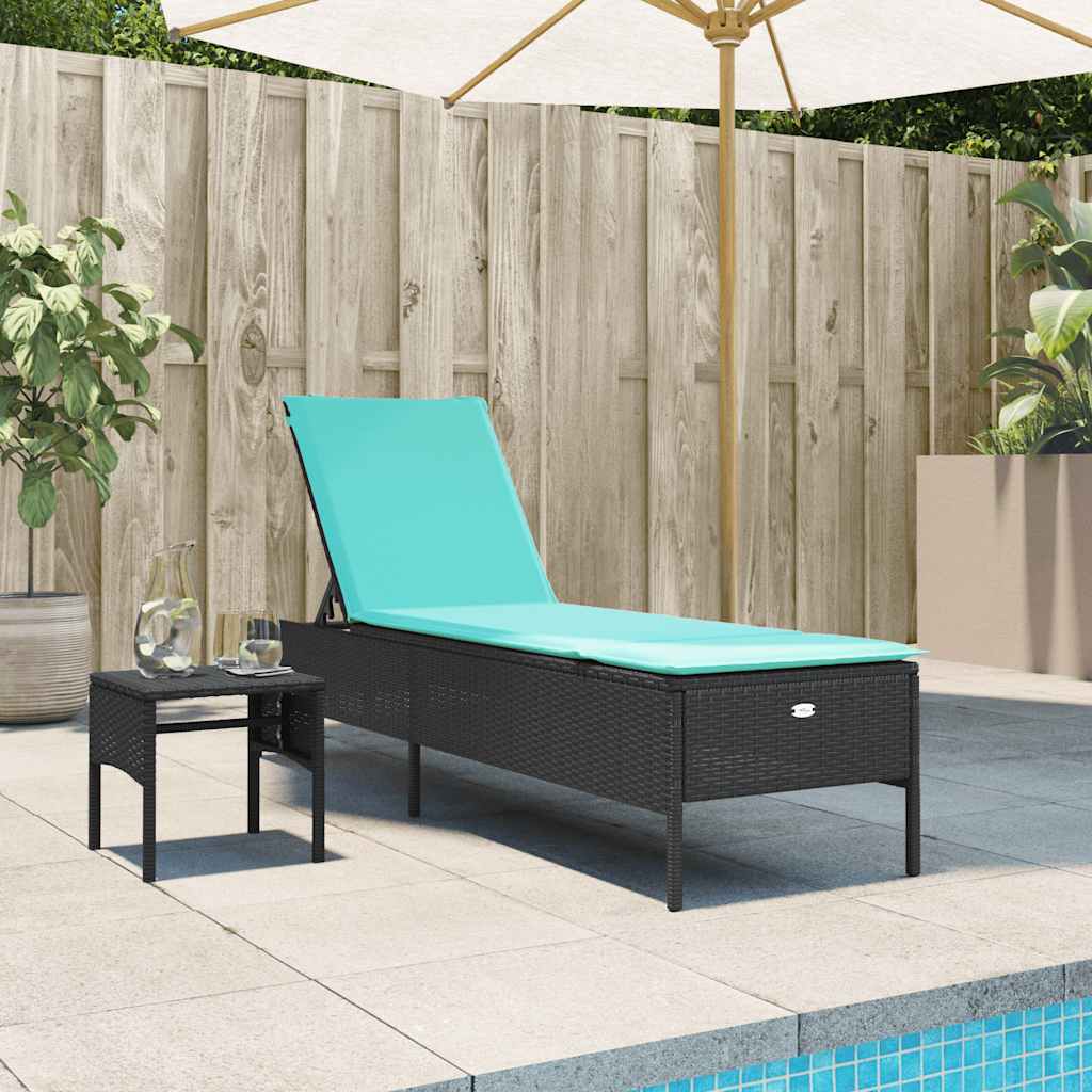 Sun Lounger with Table and Cushion Black Poly Rattan