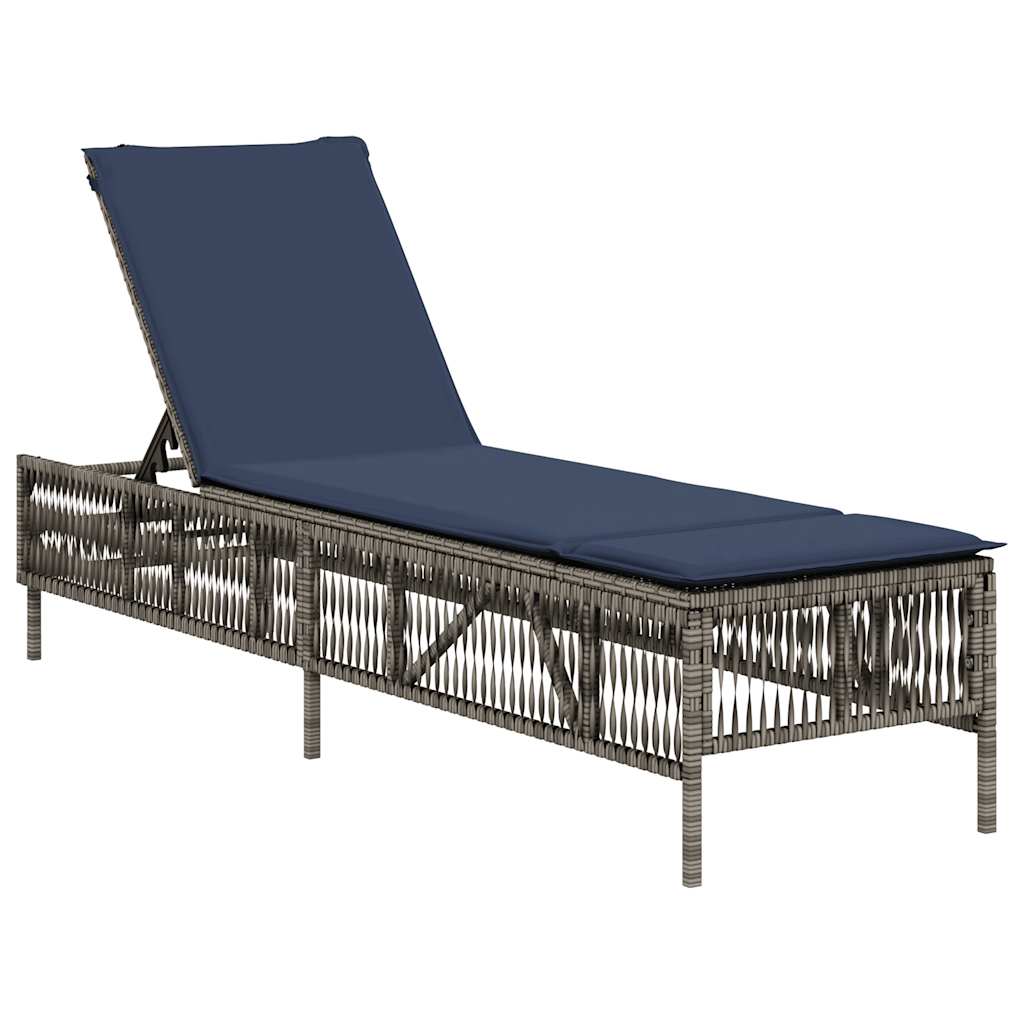 Sun Lounger with Cushion Grey Poly Rattan
