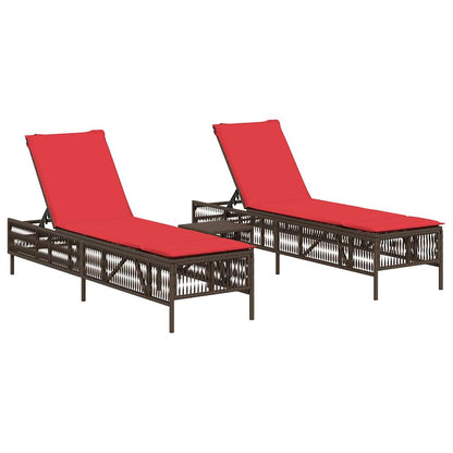 Sun Loungers 2 pcs with Table Brown Poly Rattan