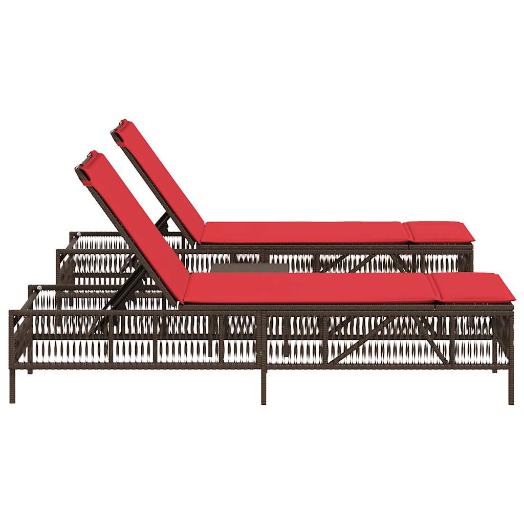 Sun Loungers 2 pcs with Table Brown Poly Rattan