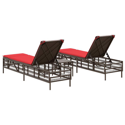 Sun Loungers 2 pcs with Table Brown Poly Rattan