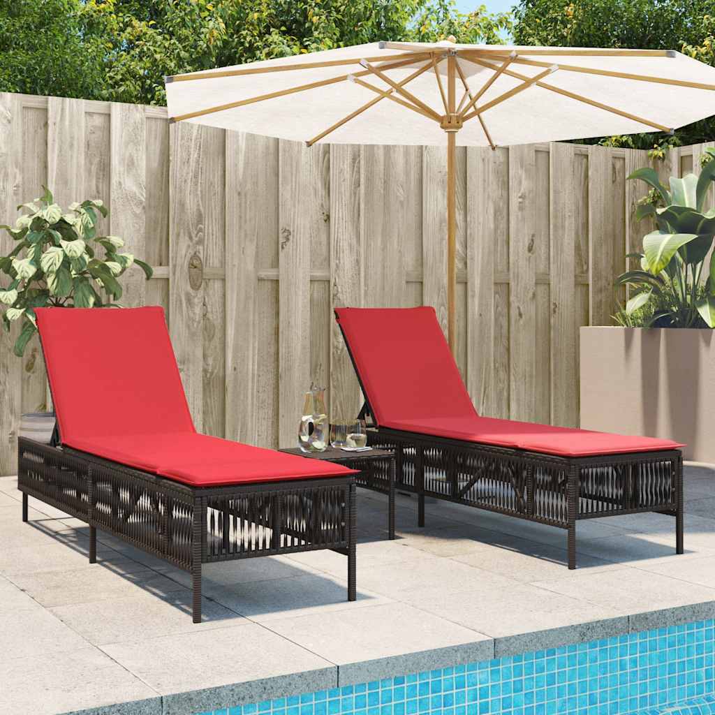 Sun Loungers 2 pcs with Table Brown Poly Rattan