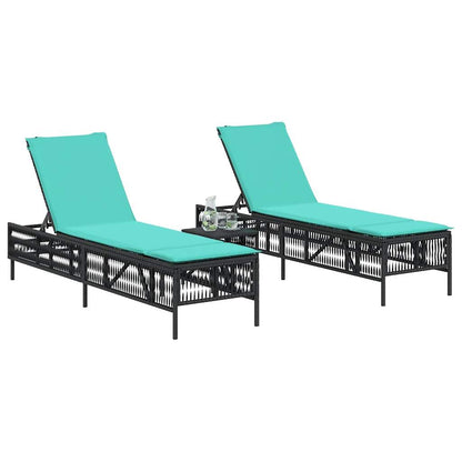 Sun Loungers 2 pcs with Table Black Poly Rattan