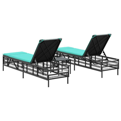 Sun Loungers 2 pcs with Table Black Poly Rattan