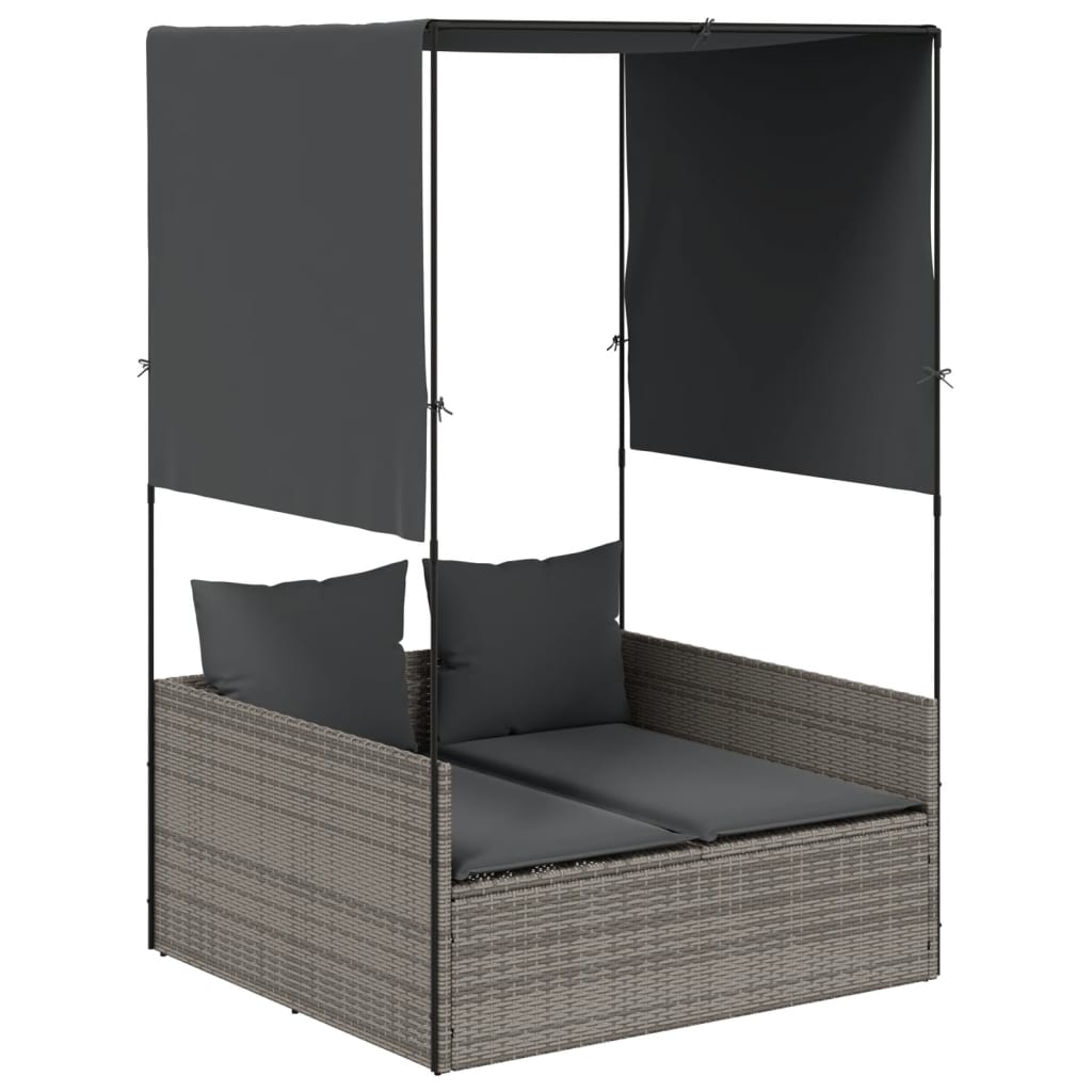 Double Sun Lounger with Roof and Curtains Gray Poly Rattan