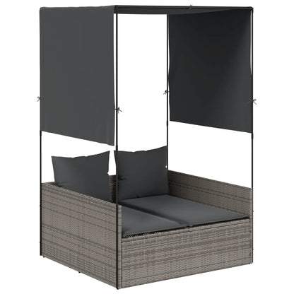 Double Sun Lounger with Roof and Curtains Gray Poly Rattan