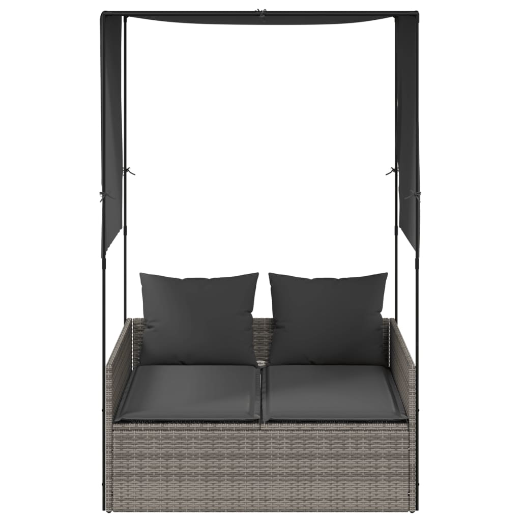 Double Sun Lounger with Roof and Curtains Gray Poly Rattan