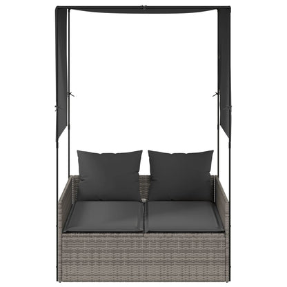 Double Sun Lounger with Roof and Curtains Gray Poly Rattan