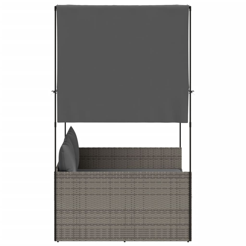 Double Sun Lounger with Roof and Curtains Gray Poly Rattan