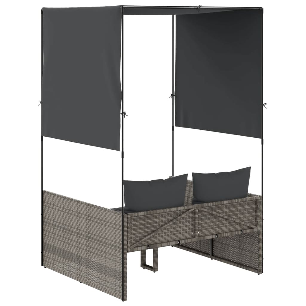 Double Sun Lounger with Roof and Curtains Gray Poly Rattan