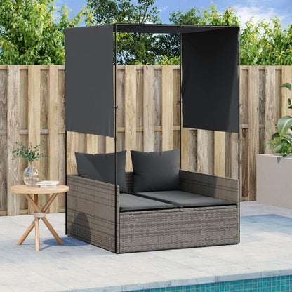 Double Sun Lounger with Roof and Curtains Gray Poly Rattan