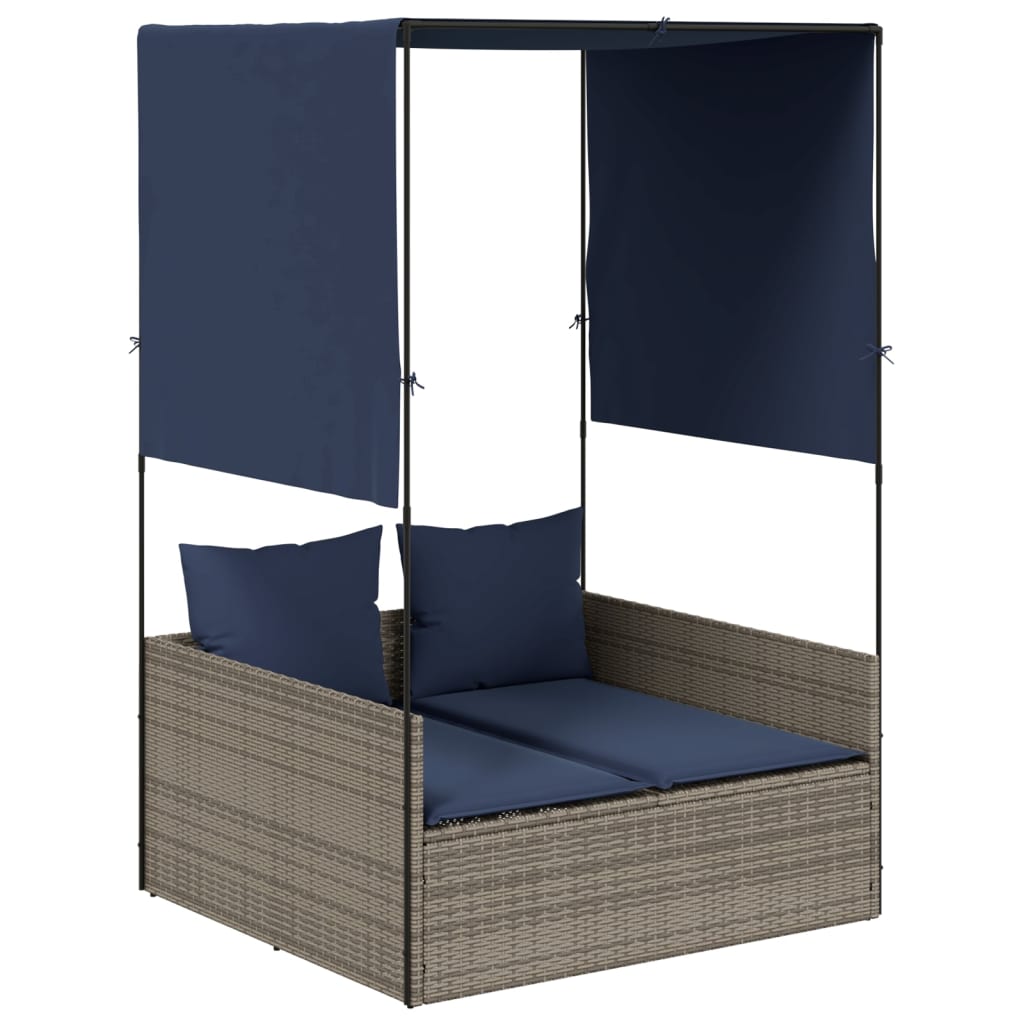 Double Sun Lounger with Roof and Curtains Grey Poly Rattan