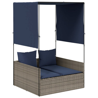 Double Sun Lounger with Roof and Curtains Grey Poly Rattan