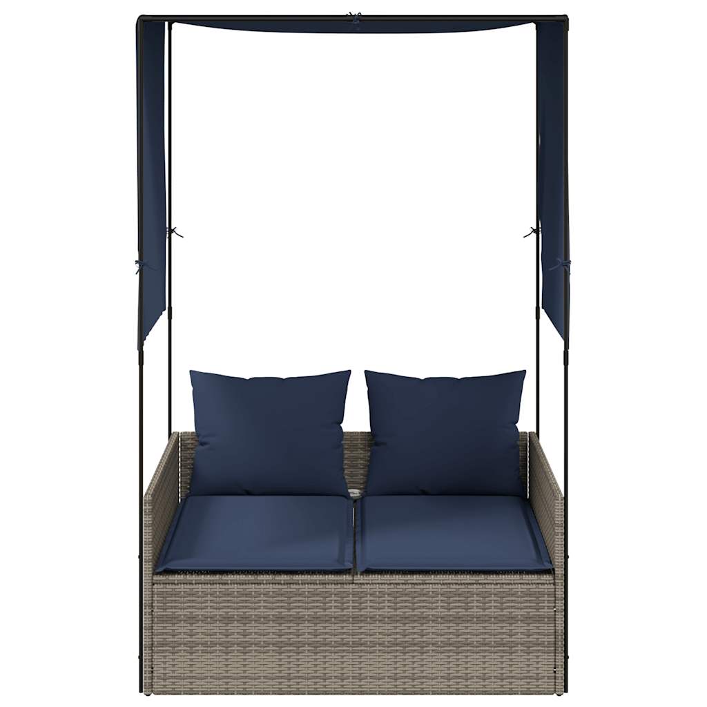 Double Sun Lounger with Roof and Curtains Grey Poly Rattan