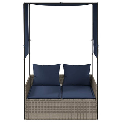 Double Sun Lounger with Roof and Curtains Grey Poly Rattan