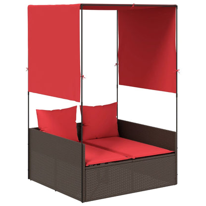 Double Sun Lounger with Roof and Curtains Brown Poly Rattan