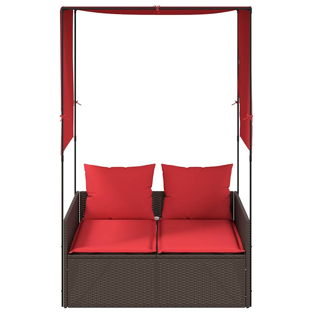 Double Sun Lounger with Roof and Curtains Brown Poly Rattan