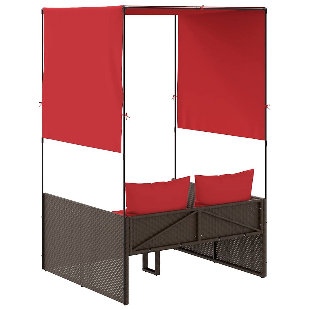 Double Sun Lounger with Roof and Curtains Brown Poly Rattan