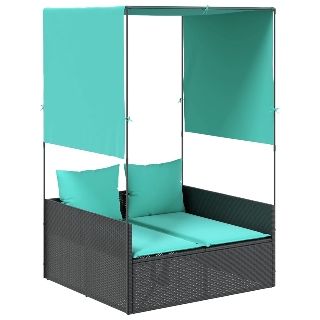 Double Sun Lounger with Roof and Curtains Black Poly Rattan