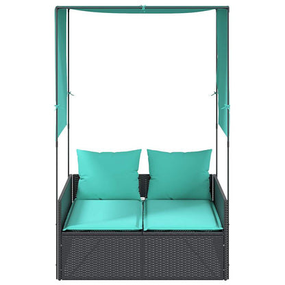 Double Sun Lounger with Roof and Curtains Black Poly Rattan
