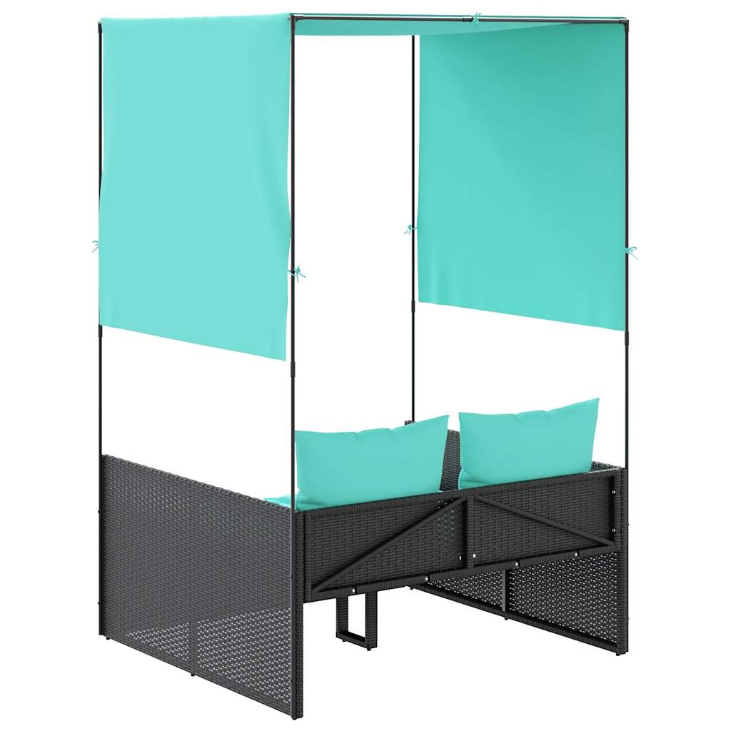 Double Sun Lounger with Roof and Curtains Black Poly Rattan