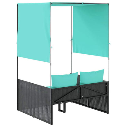 Double Sun Lounger with Roof and Curtains Black Poly Rattan