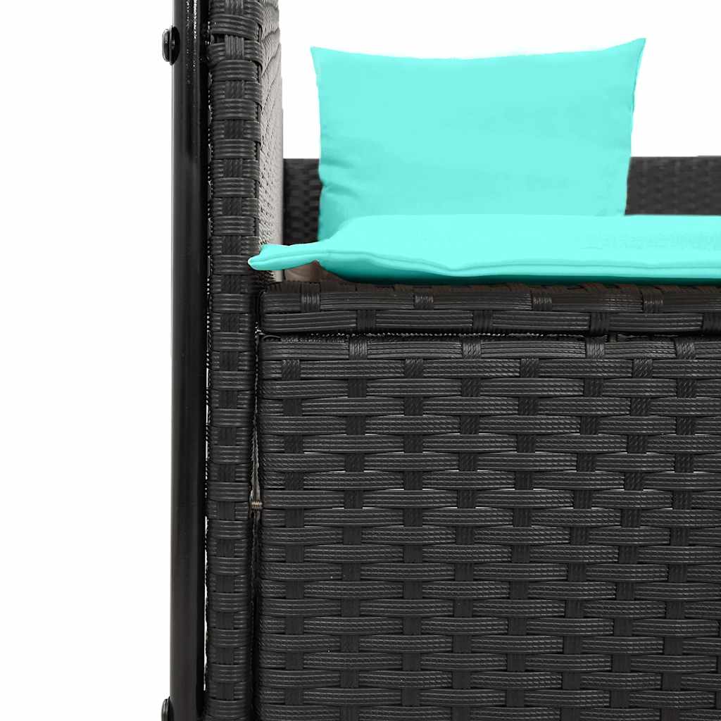Double Sun Lounger with Roof and Curtains Black Poly Rattan