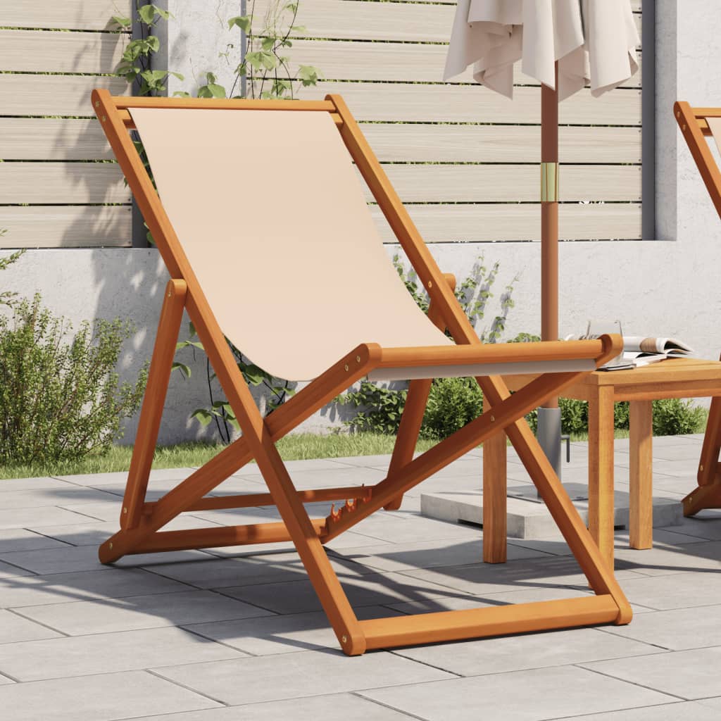 Folding Beach Chair Beige Solid Wood Eucalyptus and Fabric