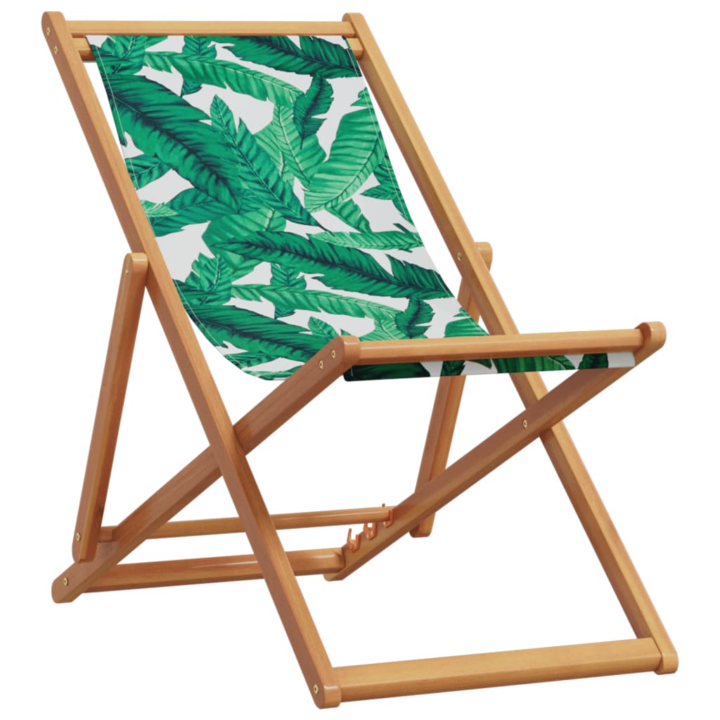 Folding Beach Chair Leaf Pattern Solid Wood Eucalyptus and Fabric