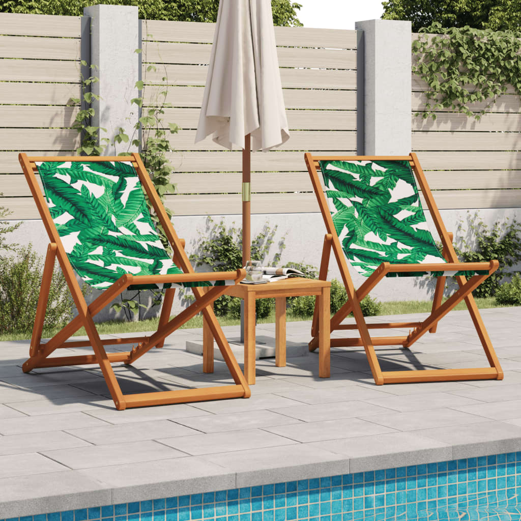 Folding Beach Chair Leaf Pattern Solid Wood Eucalyptus and Fabric