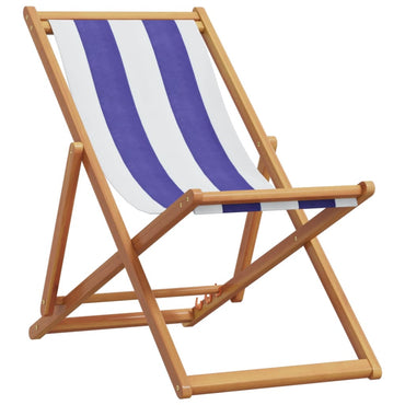 Folding Beach Chair Blue and White Solid Wood Eucalyptus and Fabric