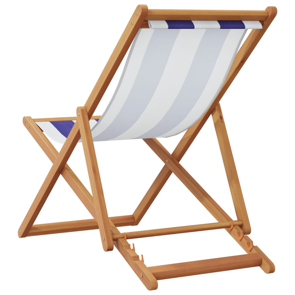 Folding Beach Chair Blue and White Solid Wood Eucalyptus and Fabric