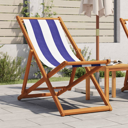 Folding Beach Chair Blue and White Solid Wood Eucalyptus and Fabric