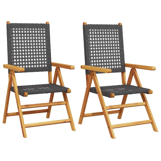 Folding Chairs 2 pcs Black Solid Wood Acacia and Poly Rattan