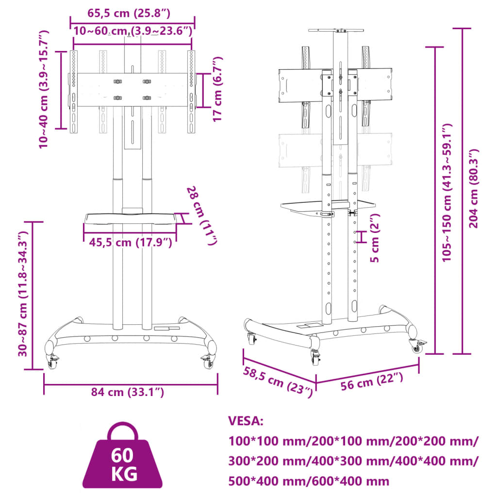 TV Stand on Wheels 32-70 Inch Screen Max VESA 600x400 mm 60kg
