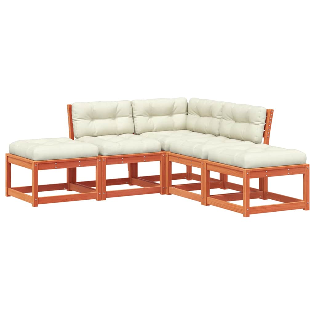 5 Piece Garden Sofa Set with Cushions Wax Brown Solid Wood Pine